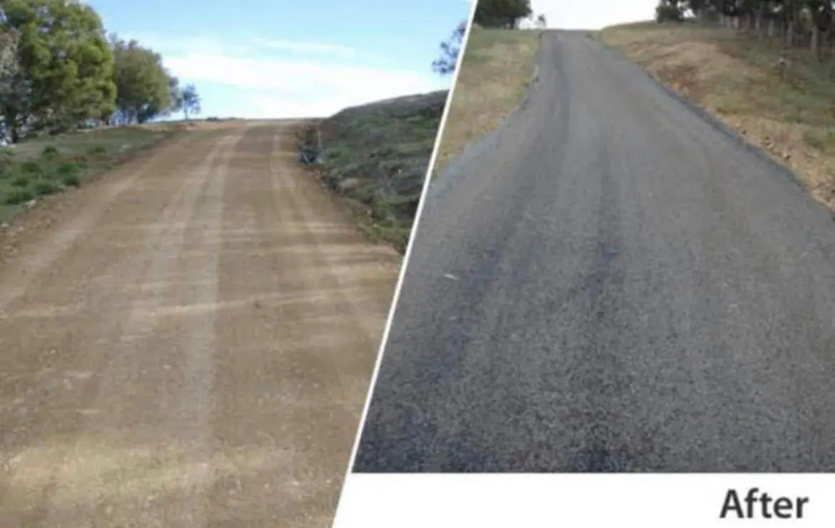 Curved driveway before and after asphalt work
