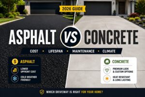 Asphalt vs concrete driveway comparison showing blacktop and concrete surfaces side by side with cost lifespan maintenance and climate differences