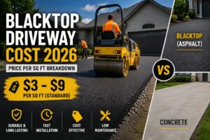 Blacktop driveway cost 2026 showing asphalt installation and price per square foot comparison
