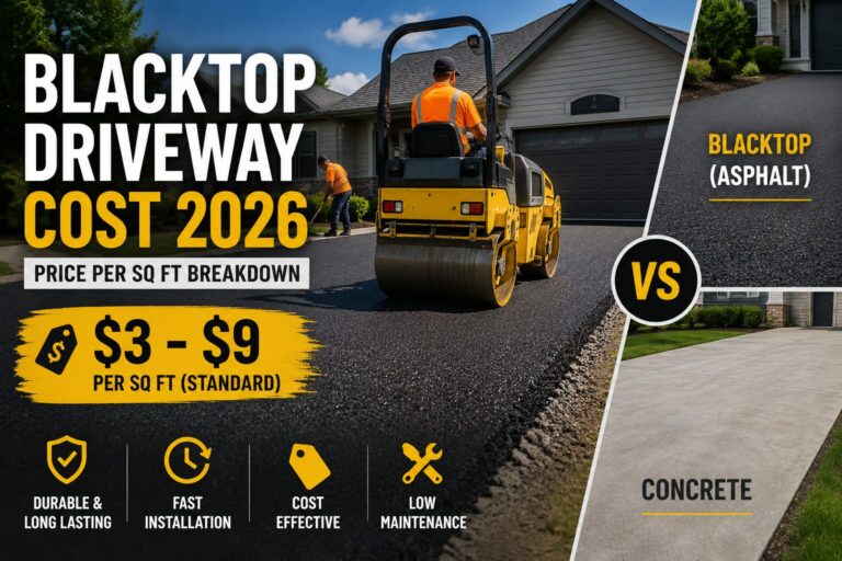 Blacktop driveway cost 2026 showing asphalt installation and price per square foot comparison