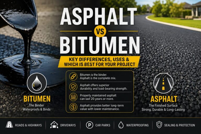 Asphalt vs Bitumen: key differences, uses, durability, and applications for roads, driveways, and car parks.