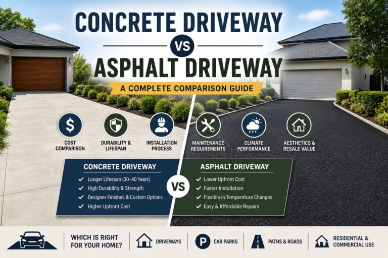 Concrete driveway vs asphalt driveway comparison showing cost, durability, installation, maintenance, climate performance, and design options