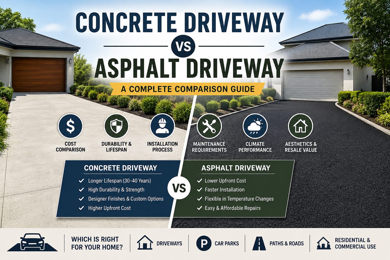 Concrete driveway vs asphalt driveway comparison showing cost, durability, installation, maintenance, climate performance, and design options